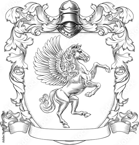 A Pegasus coat of arms or crest family heraldry medieval heraldic knight shield with helmet and acanthus filigree scroll ornament in a vintage woodcut style.