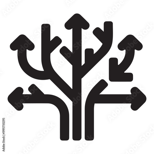 Black and white illustration of branching arrows creating a tree-like structure with direction decision backward strategy business complexity