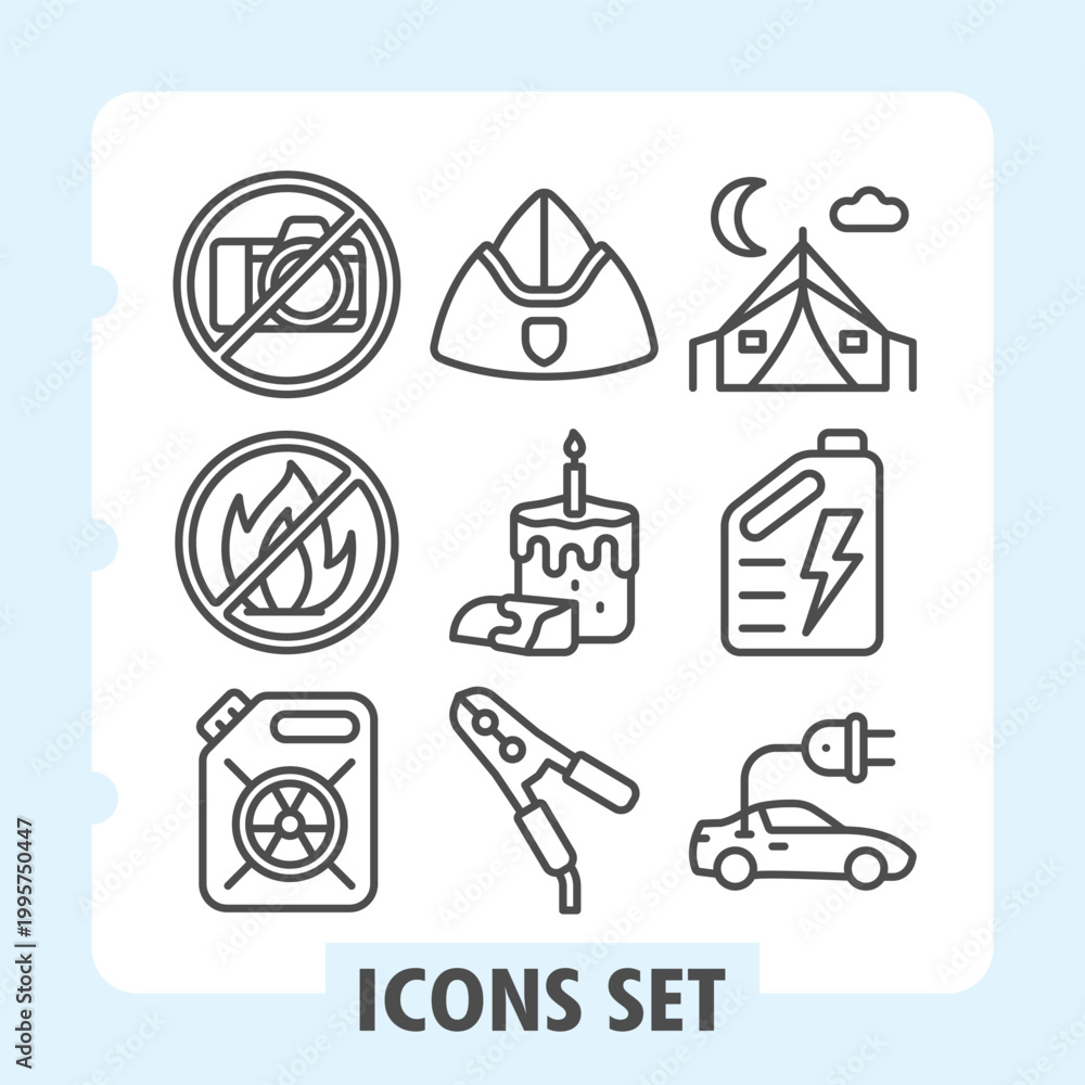 Fototapeta premium Camera ban, fire ban, canister icons, presents concepts like photography restrictions, culinary professions, outdoor camping and vehicle energy solutions. Set of nine line icons on white background.
