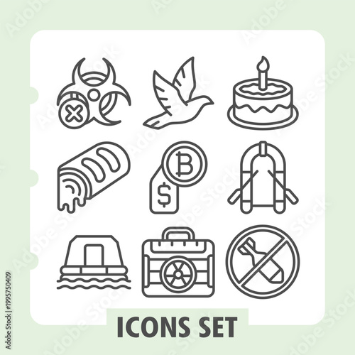 Biohazard ban, cake, emergency boat icons, collection explores concepts like safety, celebration, finance and adventure. Set of nine line icons on white background.