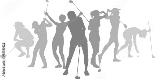 Silhouette golf player set. Active golfers golfing sports people healthy players fitness silhouettes concept.