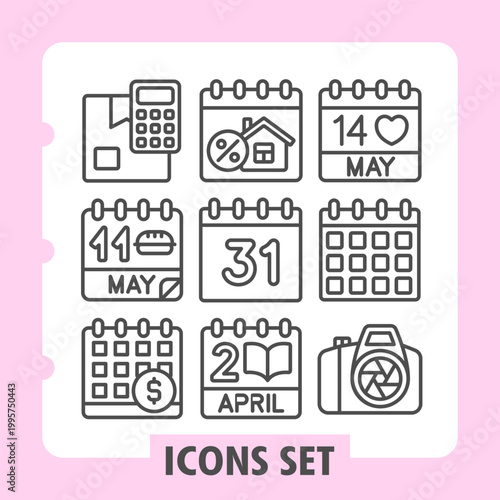 Delivery service, calendar page, banking icons, cover business planning, financial tracking, event scheduling and creative media. Set of nine line icons on white background.