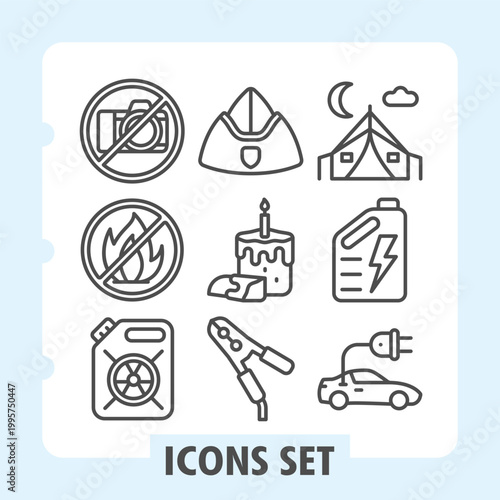 Camera ban, fire ban, canister icons, presents concepts like photography restrictions, culinary professions, outdoor camping and vehicle energy solutions. Set of nine line icons on white background.