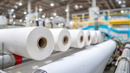 Industrial Printing Press Rollers Loaded with White Paper Material in a Manufacturing Facility