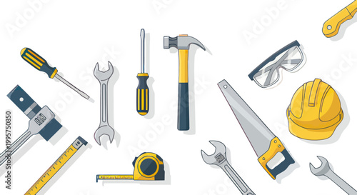 Collection of construction and DIY tools on a white background