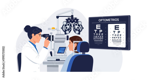 Female optometrist performing eye examination on patient in clinical office vector illustration