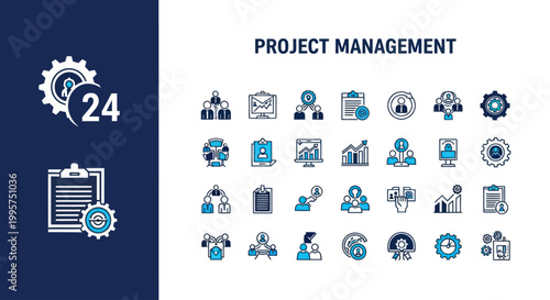 Set of project management and business workflow icons for team collaboration and planning