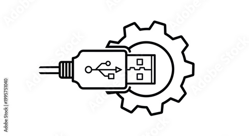 USB cable plug and gear icon for technology hardware configuration and settings.