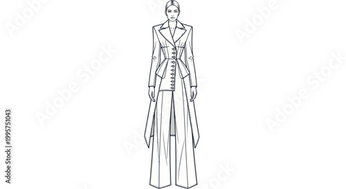 Fashion flat sketch of a woman in a long tailored blazer and wide leg pants.