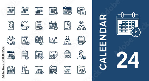 Set of 24 calendar and time management line icons for scheduling and business planning