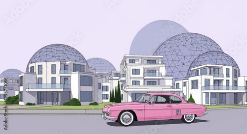 Pink retro car parked in front of modern buildings with geometric domes.
