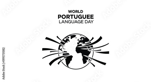 Minimalist vector graphic illustration celebrating world portuguese language day with stylized globe and radiating flowing lines