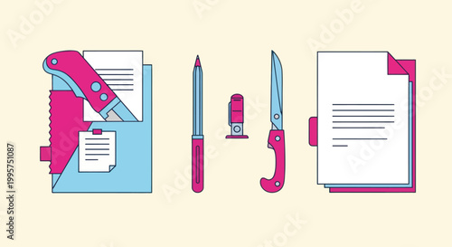 Flat lay illustration of office supplies and stationery in pink and blue colors