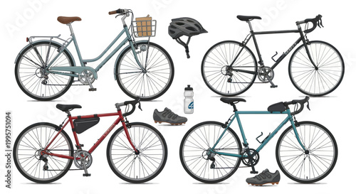 Set of modern bicycles and cycling gear accessories isolated on white.