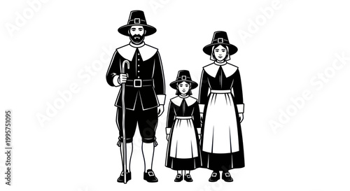 Pilgrim family dressed in traditional clothing standing together.