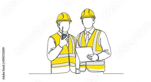 Construction workers in safety gear collaborating