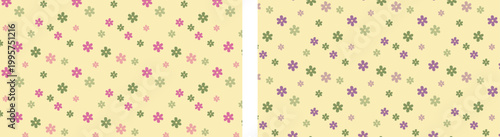Hand drawn floral text set, texture on a popular buttercream background with pink-green and purple-green flowers. Floral texture with accent colors