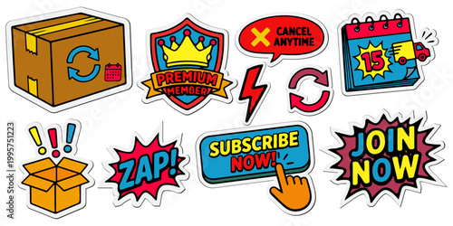 E-commerce and marketing vector sticker set with subscription buttons, premium membership badge, and delivery shipping icons isolated