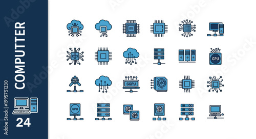 Set of 24 computer hardware and cloud computing icons in flat line style