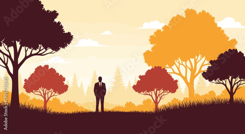 Businessman silhouette standing in a beautiful autumn forest landscape at sunrise.