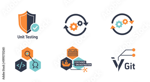 Set of software development and DevOps process flat icons on white background