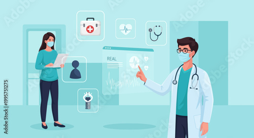 Doctor using digital interface for medical data analysis in a modern hospital setting