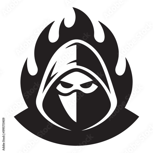 Stylized hooded figure with flames and angry eyes mysterious intensity illustration silhouette aggressive character abstract rebellion