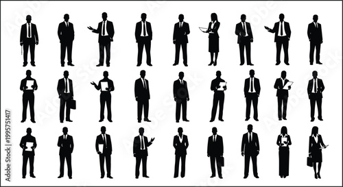 Professional Business Silhouette Collection Featuring Men and Women in Suits Holding Folders and Laptops for Corporate Success and Team Leadership Concepts