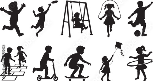 Black Silhouettes of Children Playing Outdoors Activities Including Jumping Rope, Soccer, Swinging, Skateboarding, Flying Kite, Scooter, and Hopscotch on White Background