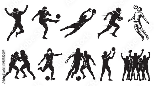 Collection of American Football and Soccer Player Silhouettes Featuring Kicking, Running, Tackling, Heading the Ball, and Celebrating Actions on White Background