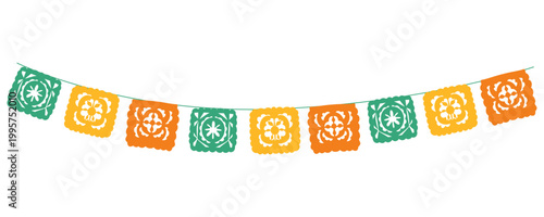 Colorful papel picado garland with traditional cut paper flags, festive banner decoration for Mexican party, celebration or holiday events isolated on white background