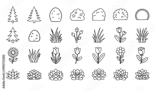 Plant tree line icon set vector thin outline garden landscaping symbols