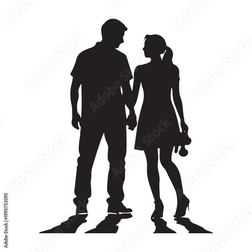 Man and woman silhouette holding hands with shadow projections on white background.