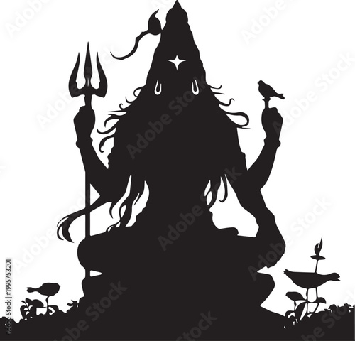 Black silhouette of Hindu deity Shiva meditating, serene and powerful divine figure.