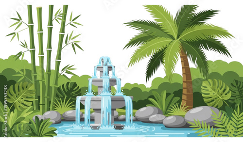 Tropical zen garden vector fountain bamboo palm nature illustration
