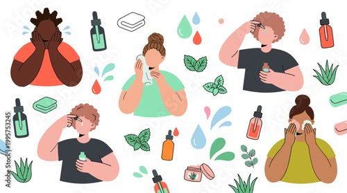 Diverse people performing skincare routines with serums and lotions, promoting self care and beauty treatments