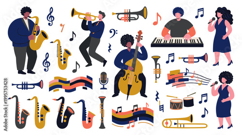 Vibrant jazz band illustration with diverse musicians playing instruments like saxophone, keyboard, double bass, trumpet, and singers performing live music