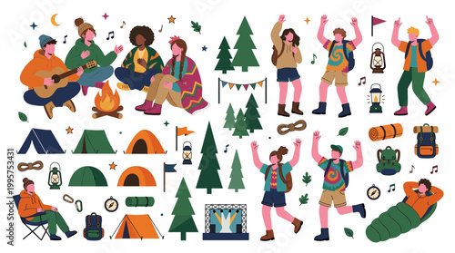 Diverse group of friends enjoying outdoor camping adventure with music, tents, and campfire, celebrating nature and togetherness