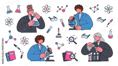 Diverse scientists conducting experiments in a laboratory with scientific equipment and molecular structures illustration