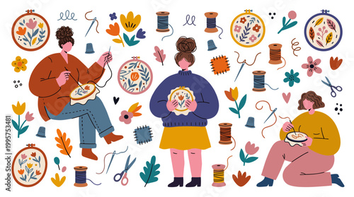 Creative women enjoying embroidery and needlework, surrounded by floral motifs and crafting supplies, celebrating a relaxing hobby and artistic expression