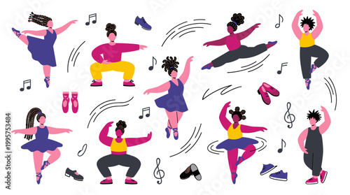 Diverse group of women and girls joyfully dancing ballet and performing graceful poses in a vibrant artistic illustration with musical notes and ballet shoes