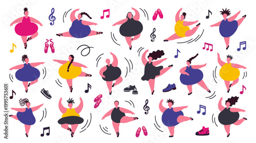 Diverse group of plus size women and men joyfully dancing ballet and modern styles, celebrating body positivity and movement, surrounded by musical notes and ballet shoes