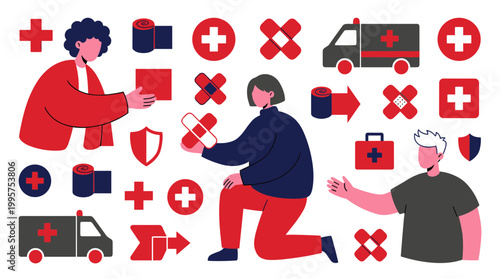 Medical Aid and Healthcare Concept with People and First Aid Symbols
