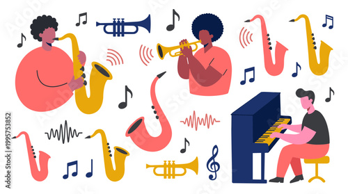 Diverse musicians playing jazz instruments including saxophone piano trumpet and trombone with musical notes scattered around in a vibrant artistic illustration
