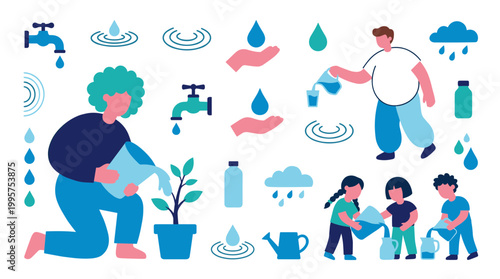 Family and individuals conserving water by watering plants and filling glasses, illustrating responsible water usage and environmental care.