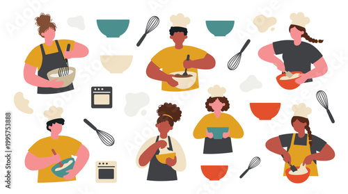 Diverse group of people baking and cooking together in a kitchen, enjoying a fun culinary activity with ingredients and utensils