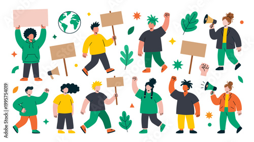 Diverse group of people protesting for environmental protection holding signs and megaphones with a globe illustration