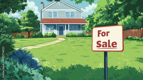 A picturesque illustration of a home for sale. Lush green lawn leads to a two-story house