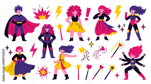 Diverse group of powerful women superheroes and magical girls with vibrant colors and dynamic poses celebrating strength and empowerment