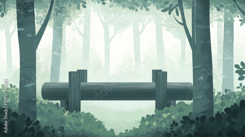 A tranquil digital illustration shows a bench nestled among trees in a foggy forest setting